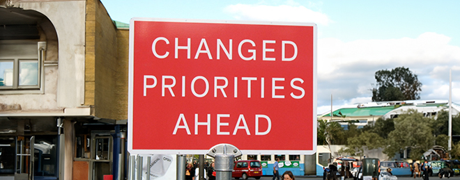 road sign: Changed Priorities Ahead