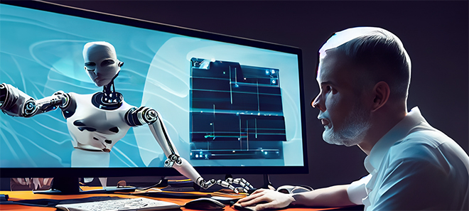 an ai robot reaching out through monitor to touch man working at the computer