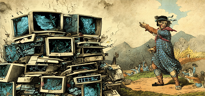 Colored etching The Leader of the Luddites, 1812. Modified with photoshop generative ai to include a pile of broken computers.