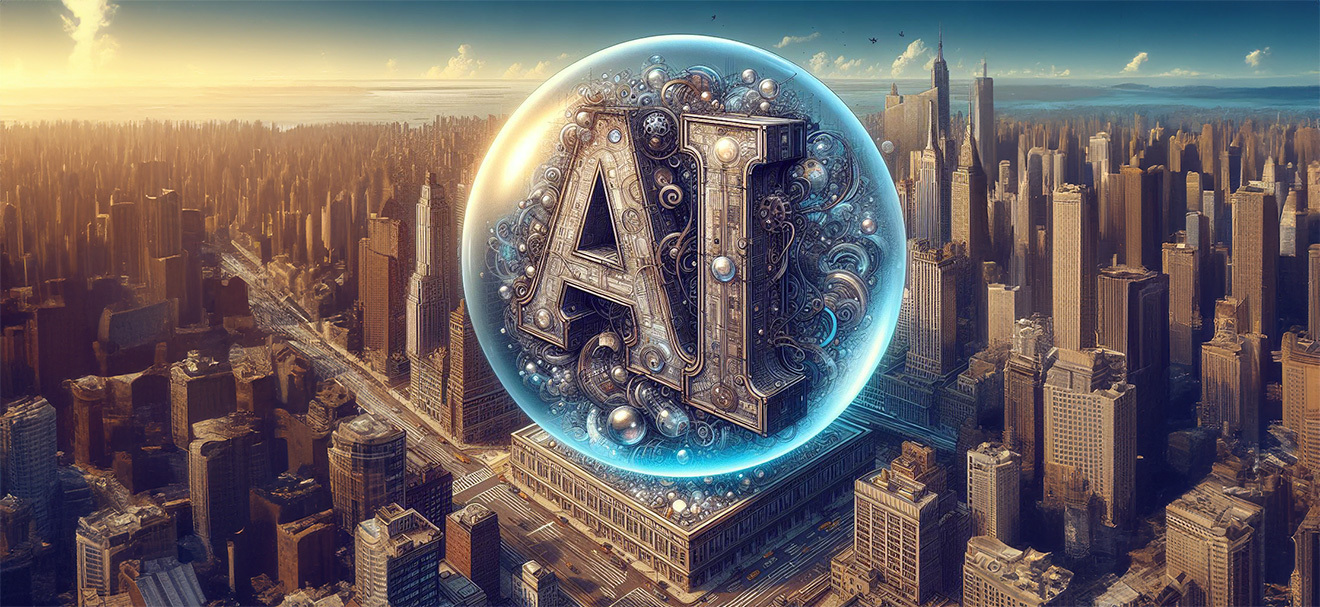 illustration of large bubble with the letters AI inside hovering ove a large city