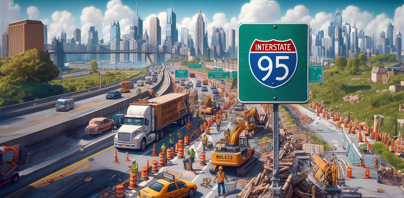 an illustration of road construction on a freeway with an Interstate 95 sign