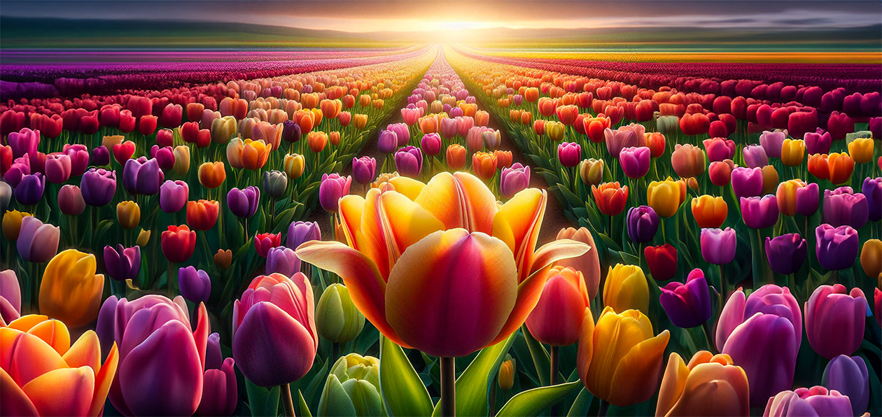 colorful rows of tulips stretching to the horizon