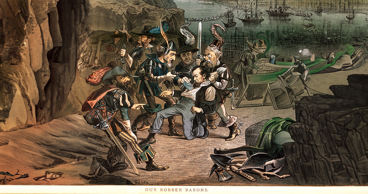 An illustration from 1882 of several rogues robbing a Tax Payer of his Income