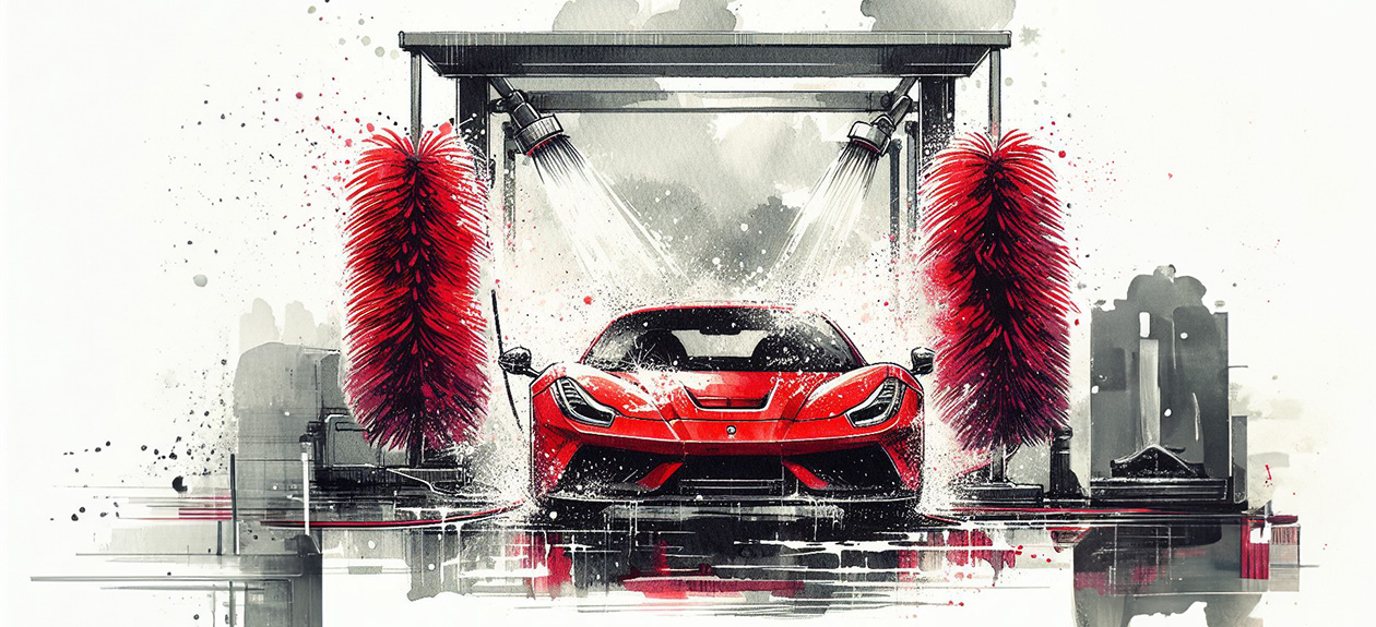 red sports car going through a car wash