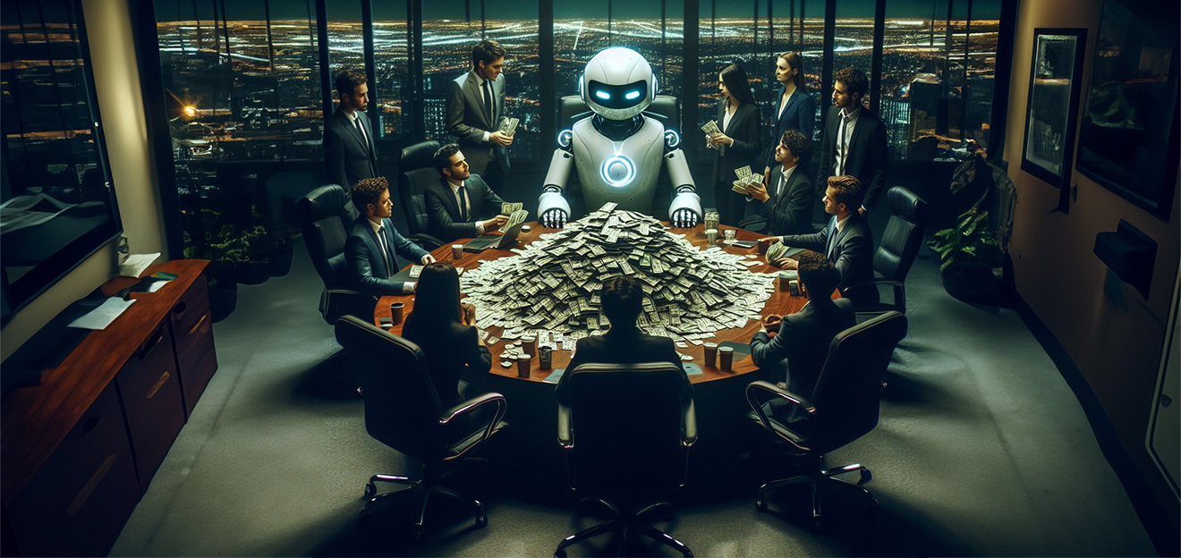 A large AI robot sits at a table with a pile of cash in an executive suite with venture capitalists passing their cash to the robot