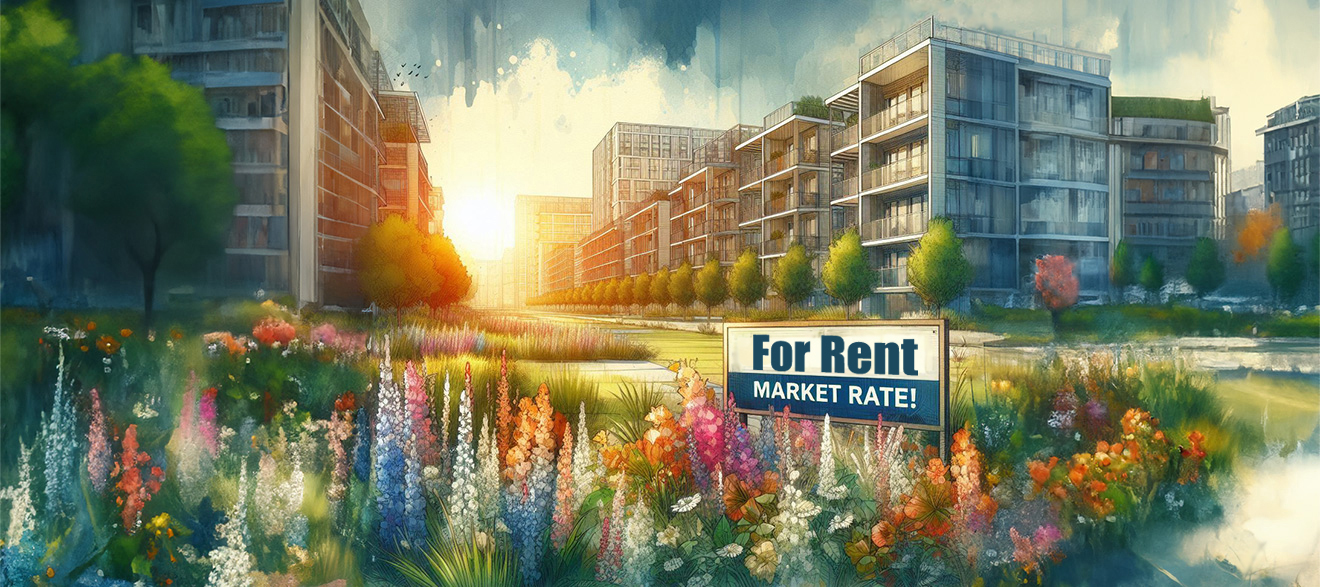water color image of new apartments with a For Rent - Market Rates! sign