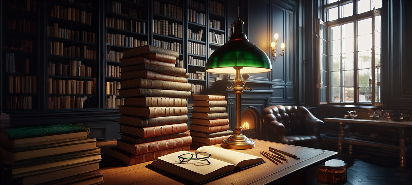 stacks of books on a table in a home library