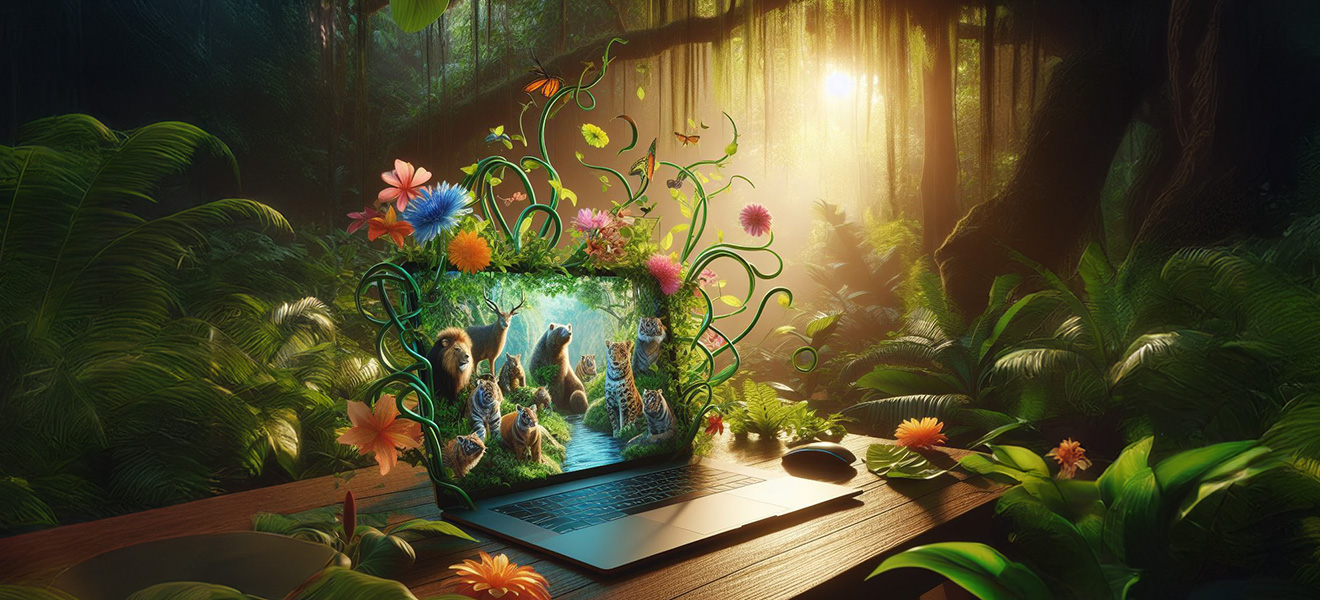 A laptop sits on a table in the middle of a lush jungle full of tropical flowers. On the laptop screen is a collection of jungle animals with growing vines emerging from the screen onto the table.