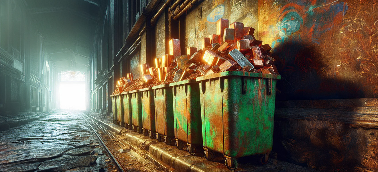 garbage bins overflowing with copper, platinum, gold, and other precious metals