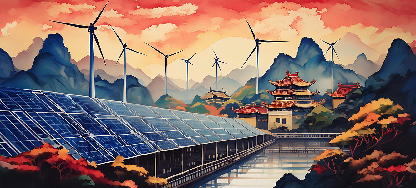 Chinese landscape with lots of wind turbines and solar arrays.