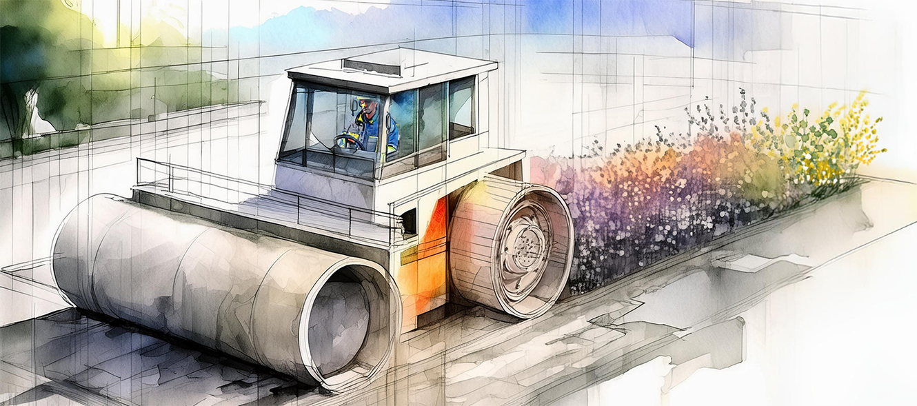 A steamroller flattens the ground. In front of it the ground is rough and uneven. But behind it crops and flowers are sprouting from the flat ground.