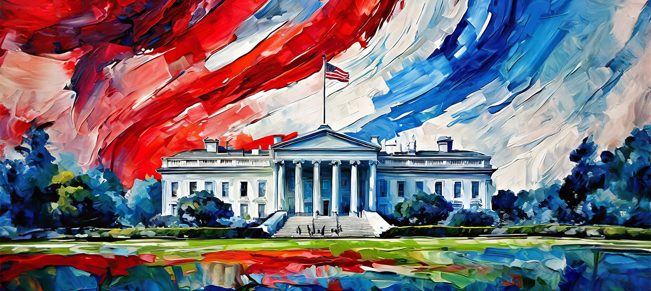 abstract painting of the White House in red white and blue