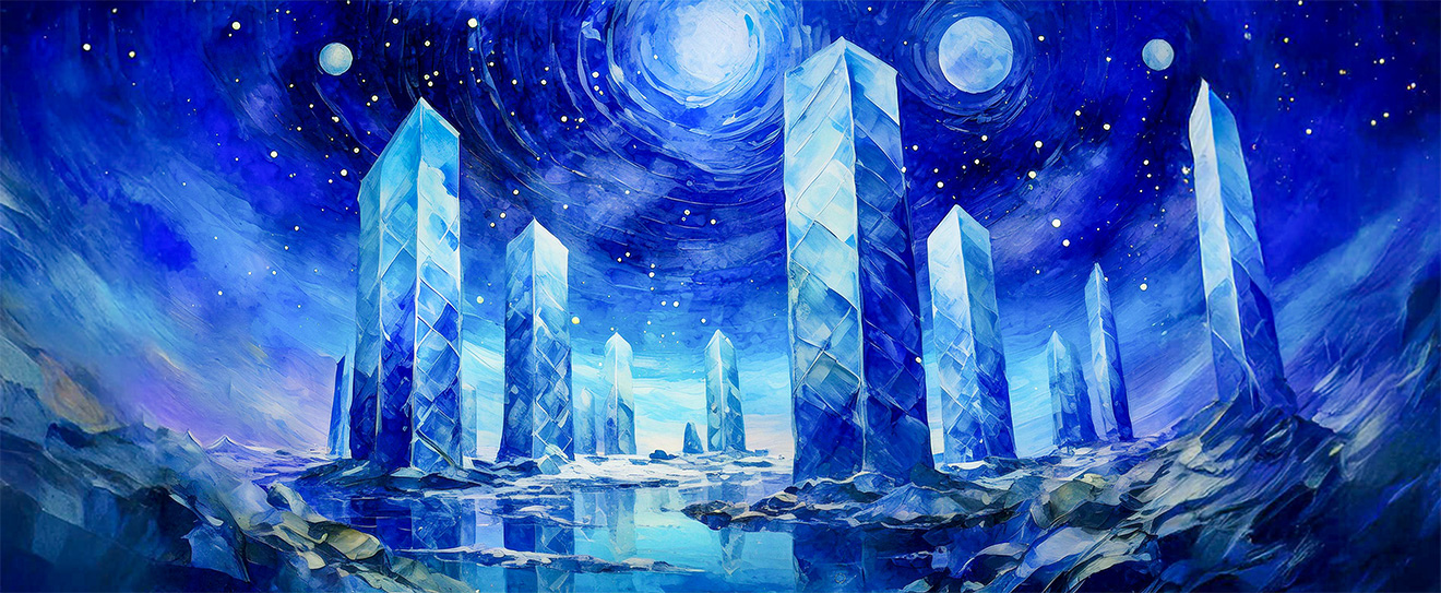 massive vertical rectangular slabs made of ice, standing on rocky ground, with stars and three moons