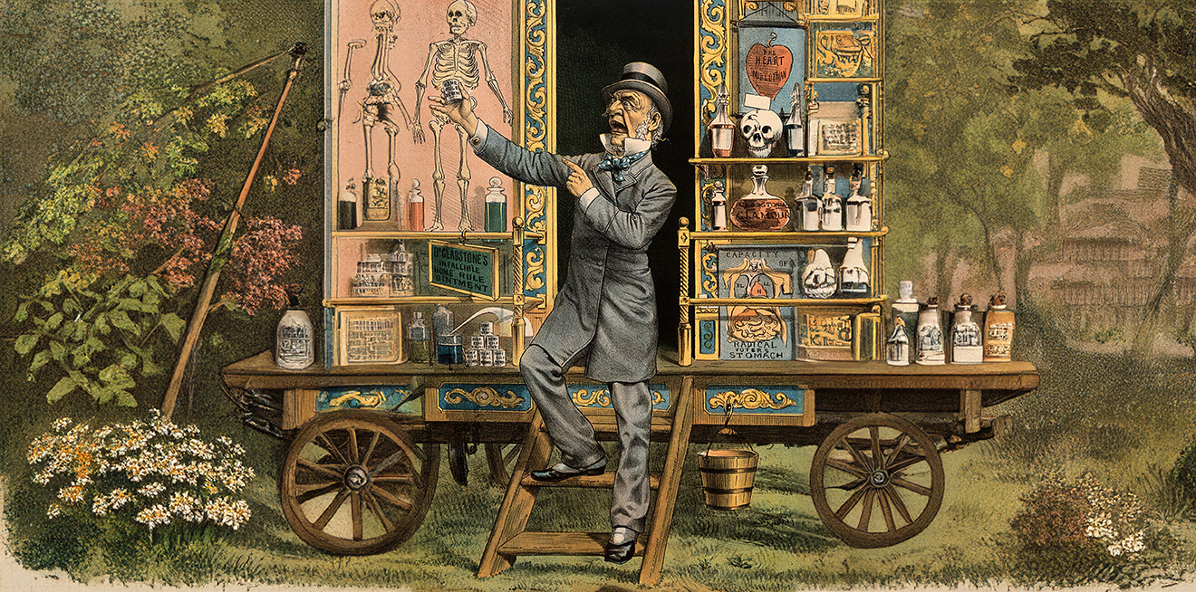 W.E. Gladstone as a quack doctor selling remedies from his caravan. Chromolithograph by T. Merry, 1889