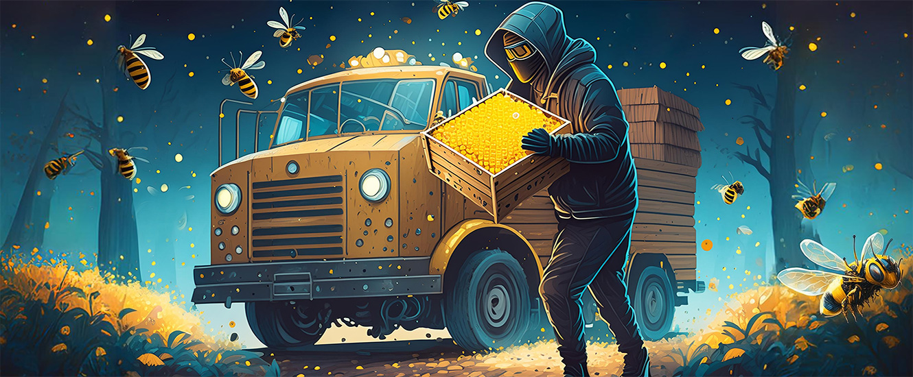 a thief is stealing bee hives and loading them into a truck