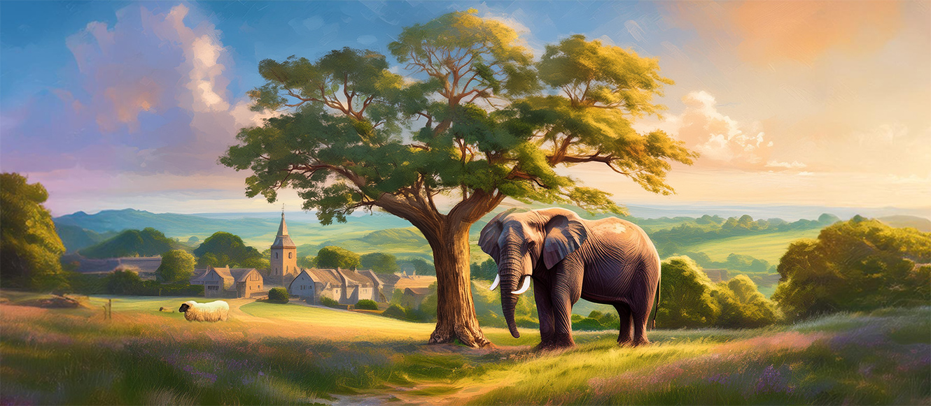 In the English countryside, an elephant stands under a large oak tree