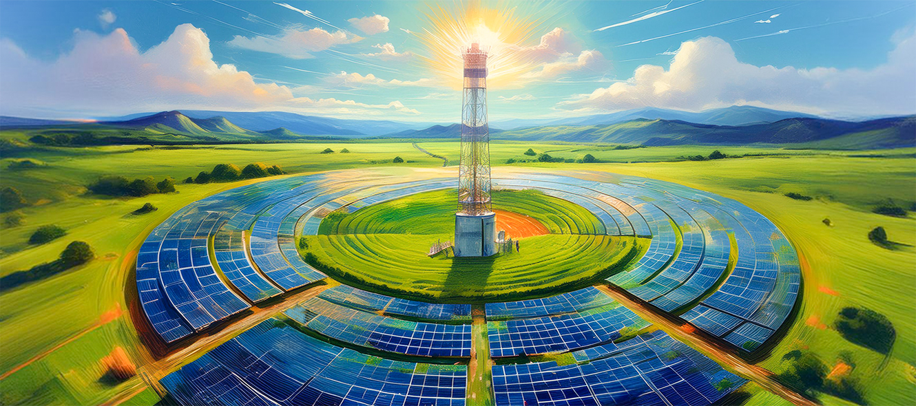 image of a solar tower circled by solar panels in a green field
