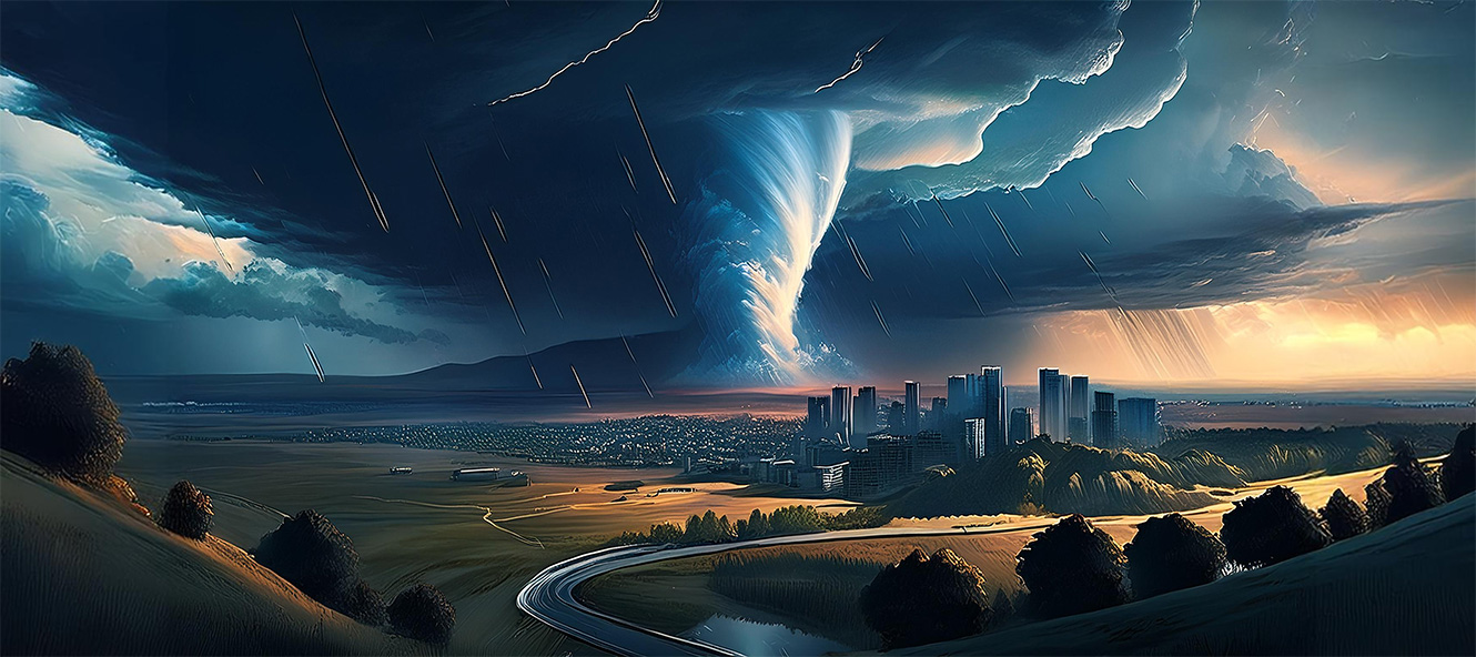 A city on a plain with an enormous, dark supercell thunderstorm looming in the background.
