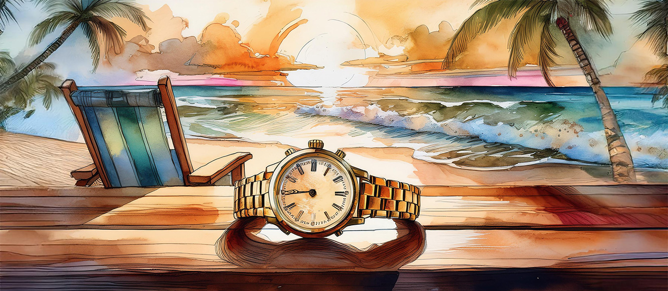 a gold watch on a table at the beach at sunset