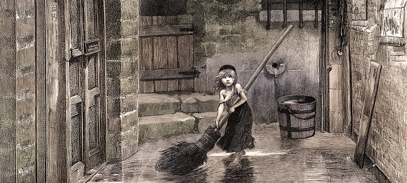 etching of young girl sweeping in an alley in 1800s