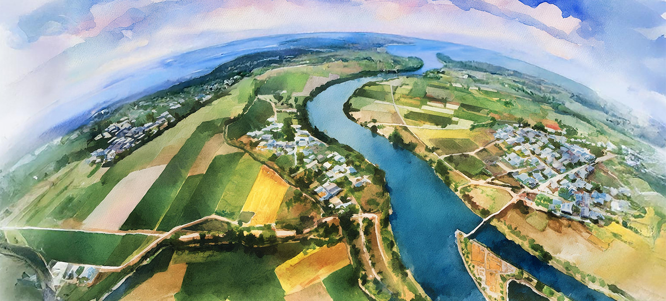 satellite view of river winding it way to a bay