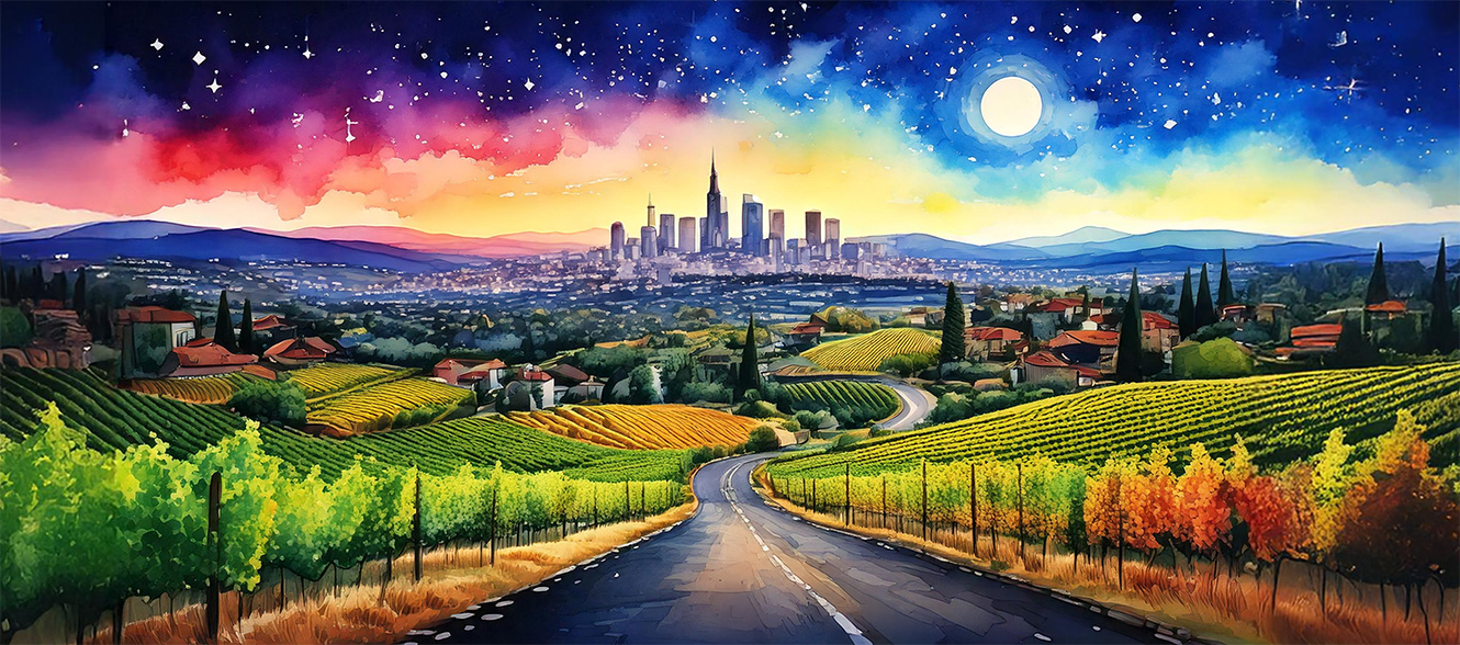 At evening, a road stretches far ahead, winding through vineyards, orchards, and towns. On the horizon the road narrows to a point, ending at a high-tech city full of new skyscrapers