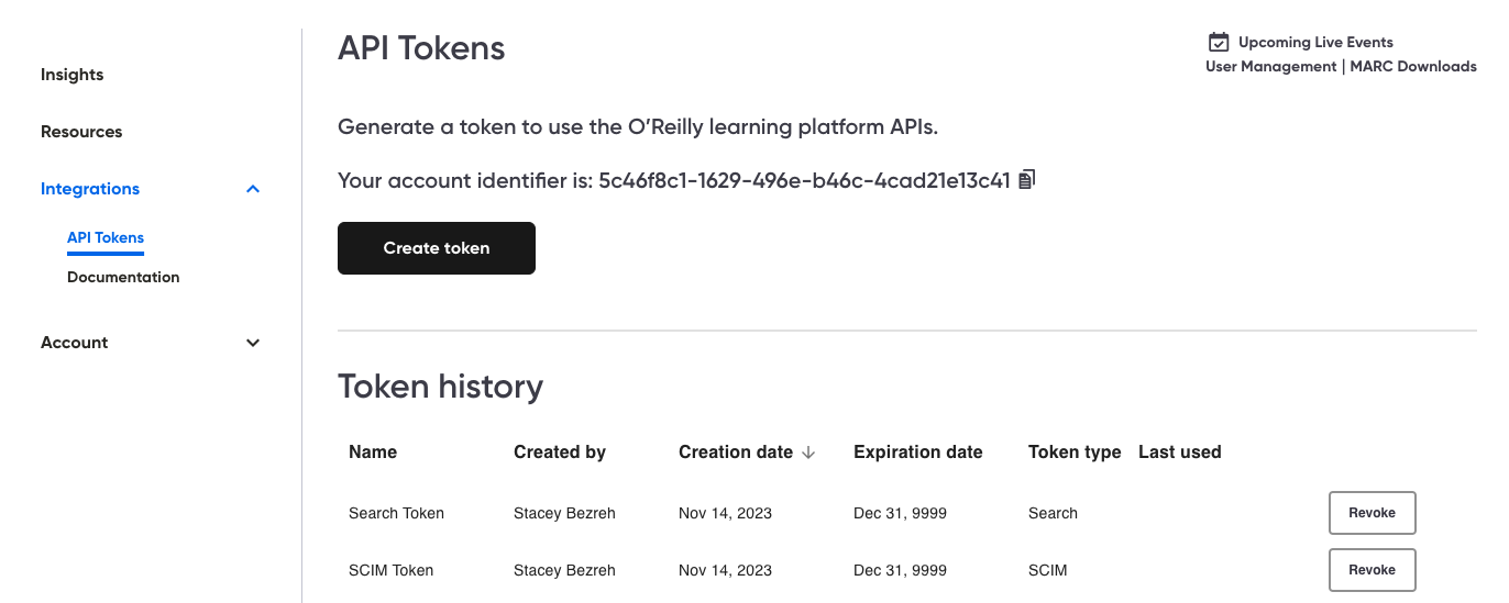 Screenshot of API Tokens