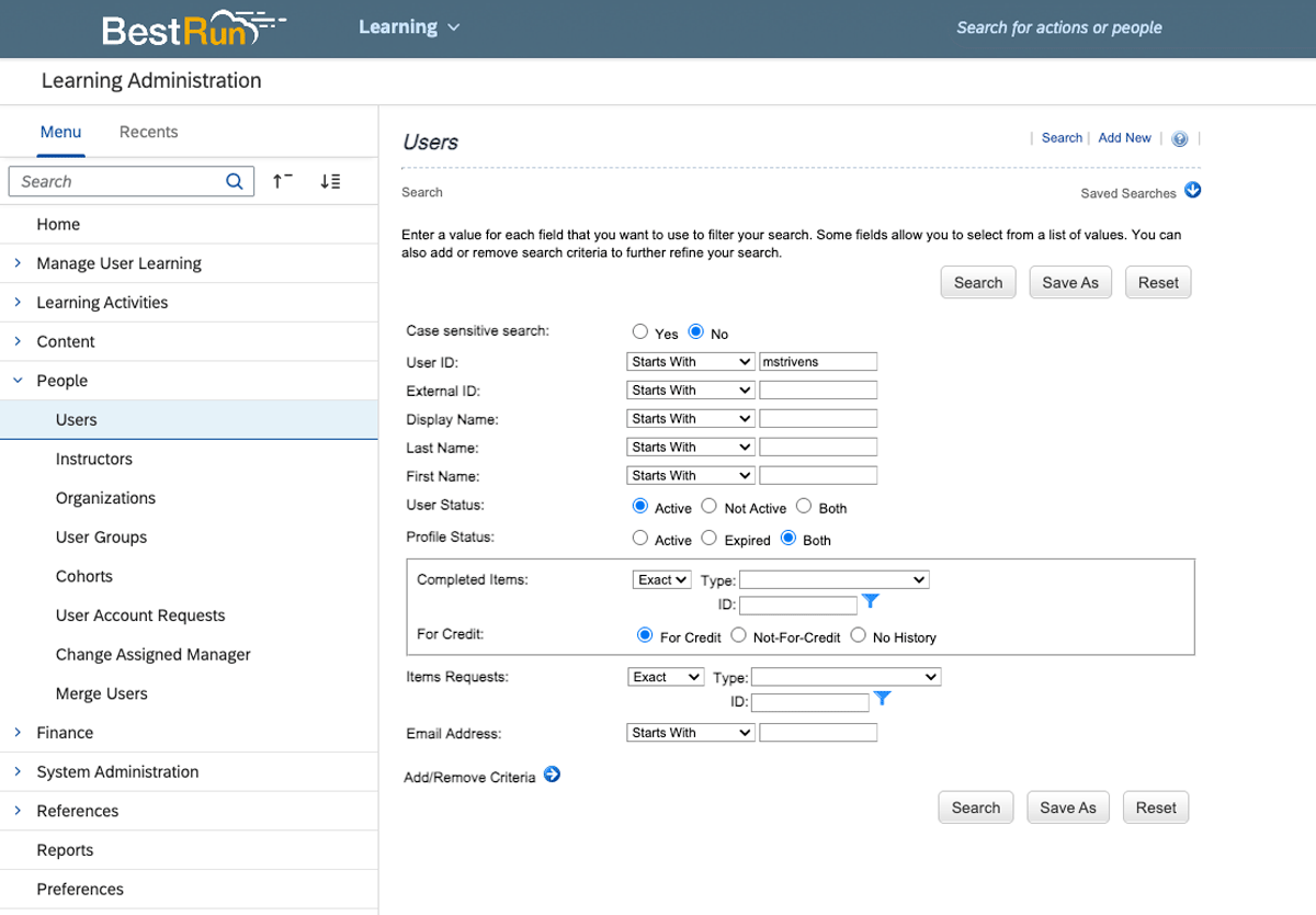 Screenshot of SuccessFactors reporting step 1