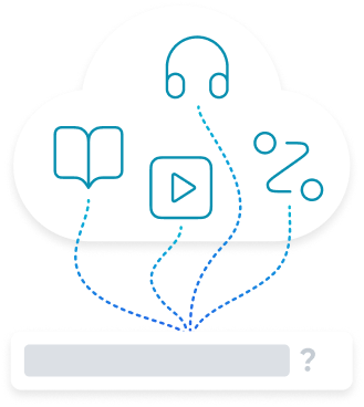 Illustration of content formats and a chat interface