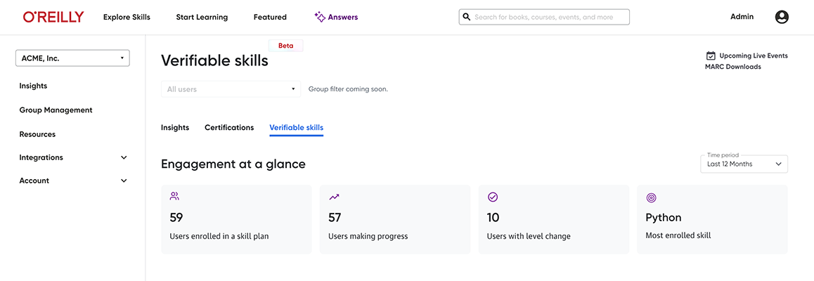 Verifiable skills insights dashboard interface